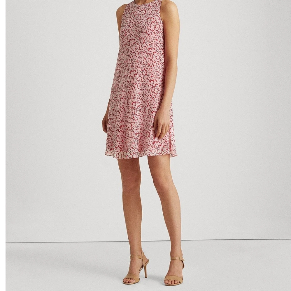 Lauren RL Sleeveless Berry and Cream Floral Georgette Shift Dress in Size 6